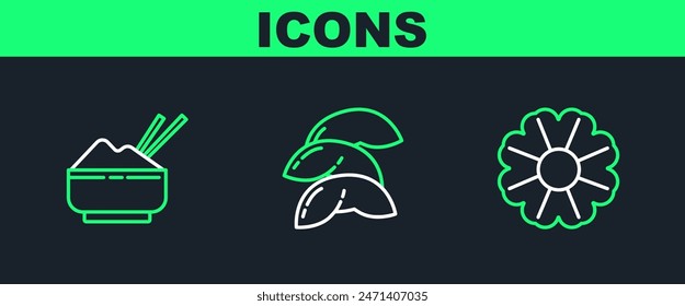 Set line Flower, Rice in a bowl with chopstick and Chinese fortune cookie icon. Vector