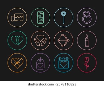 Set line Flower rose, Burning candle, Lollipop, Heart hand, Broken heart, Like, Bow arrow and Mobile with icon. Vector
