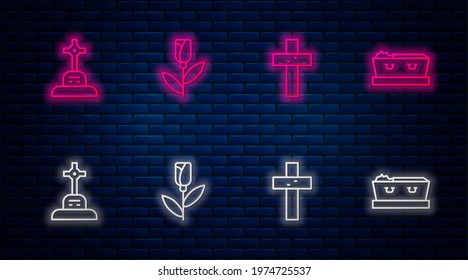 Set line Flower rose, Christian cross, Grave with and Coffin dead. Glowing neon icon on brick wall. Vector