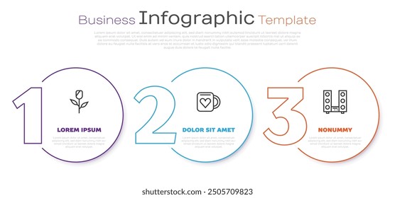 Set line Flor rosa, taza de café y corazón y Home estéreo con dos altavoces. Plantilla de infografía de negocios. Vector