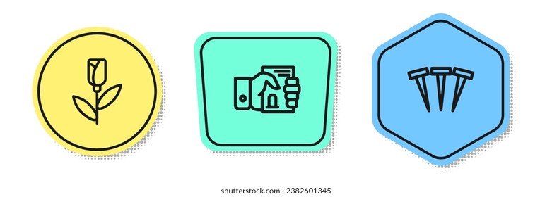 Set line Flower rose, Death certificate in hand and Metallic nails. Colored shapes. Vector