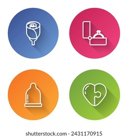 Set line Flower rose, Diamond engagement ring, Condom and Heart. Color circle button. Vector