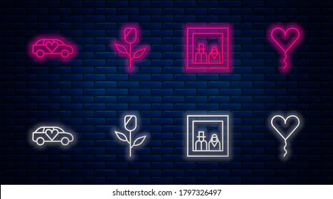 Set line Flower rose, Family photo, Limousine car and Balloon form of heart. Glowing neon icon on brick wall. Vector