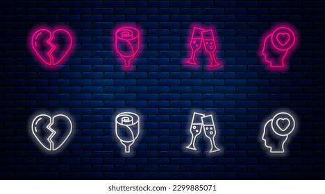 Set line Flower rose, Glass of champagne, Broken heart and Head with. Glowing neon icon on brick wall. Vector