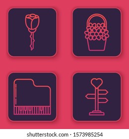 Set line Flower rose, Grand piano, Flowers in a basket and Signpost with heart. Blue square button. Vector