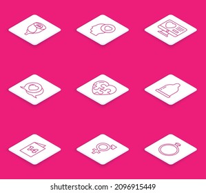 Fijar línea Rosa de flores, Cabeza con corazón, Aplicación de citas en línea, Burbuja de discurso del corazón, Condón, tarjeta de saludo e icono de género. Vector
