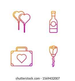 Set line Flower rose, Suitcase for travel with heart, Balloons in form of heart with ribbon and Champagne bottle. Gradient color icons. Vector