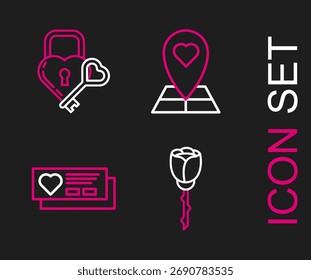 Set line Flower rose, Ticket with heart, Map pointer and Castle the shape of and key icon. Vector