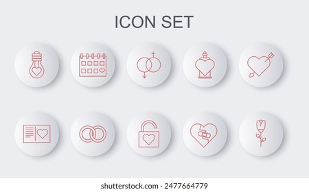 Set line Flower rose, Valentines day flyer with heart, Gender, Healed broken, Heart shape light bulb, Calendar, Wedding rings and Lock and icon. Vector