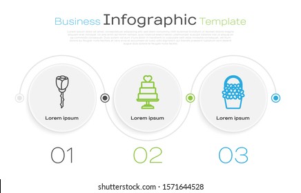 Set line Flower rose, Wedding cake with heart and Flowers in a basket. Business infographic template. Vector