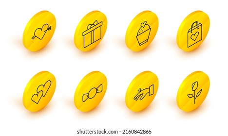 Fijar línea Rosa de flor, Anillos de boda en la mano, Corbata de vaca, Corazón, Bolsa de compras con corazón, pastel, Caja de Regalo e icono de flecha de Amour. Vector