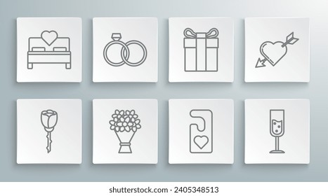 Set line Flower rose, Wedding rings, Bouquet of flowers, Please do not disturb with heart, Glass champagne, Gift box, Amour symbol and arrow and Bedroom icon. Vector