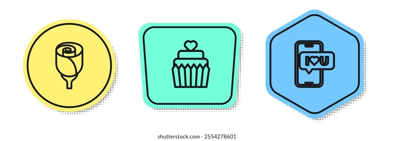 Set line Flower rose, Wedding cake with heart and Mobile. Colored shapes. Vector