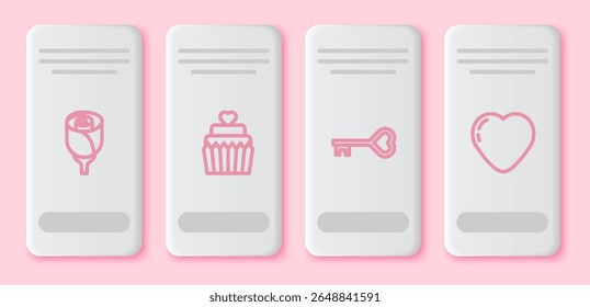 Set line Flower rose, Wedding cake with heart, Key shape and Heart. White rectangle button. Vector