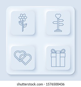 Set line Flower, Signpost with heart, Two Linked Hearts and Gift box. White square button. Vector