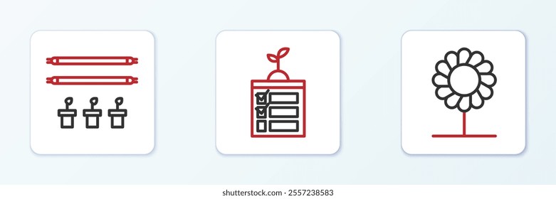 Set line Flower, Smart farm with bulb and plant and farming technology icon. Vector