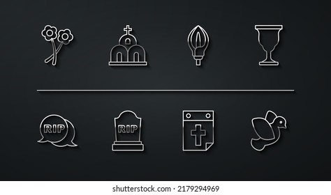 Set line Flower, Speech bubble rip death, Christian chalice, Calendar, Tombstone with RIP written, Church building, Dove and Lily flower icon. Vector