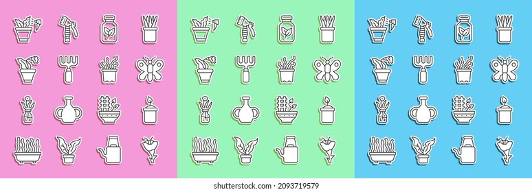Set line Flower, Sprout in bottle, Butterfly, Fertilizer, Garden rake, pot, Spraying plant and Exotic tropical icon. Vector