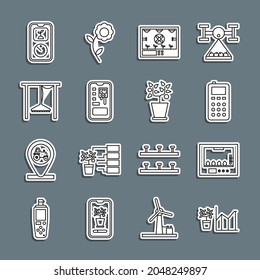 Set-line Blumenstatistik, Inkubator für Eier, Fernbedienung, Intelligente Landtechnik, System, automatische Bewässerungssprenger und Pflanzenkopfsymbol. Vektorgrafik
