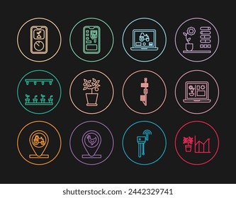 Set line Flower statistics, Smart farming technology, Laptop application for smart, Plant pot, Automatic irrigation sprinklers, Standalone sensor and control system icon. Vector
