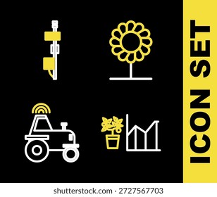 Fije la línea Flor, estadísticas, tractor inalámbrico en la granja inteligente y el icono del sensor independiente. Vector