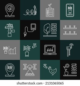 Ajuste el estado de la flor de línea, señal de enrutador y wi-fi, rociadores automáticos de riego, tecnología de cultivo inteligente, sensor, árbol de ubicación e icono de planta. Vector