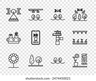 Set line Flower, status, Smart farm with drone, Trees, control farming system, Plant and Automatic irrigation sprinklers icon. Vector