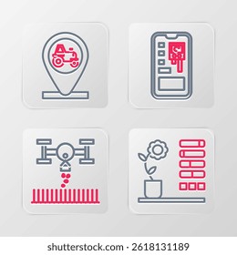 Set line Flower status, Smart farm with drone, control farming system and Tractor and location icon. Vector