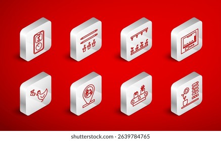 Set line Flower status, Smart farm with bulb and plant, Automatic irrigation sprinklers, Incubator for eggs, Conveyor belt box, farming technology, Tractor location and Chicken camera icon. Vector