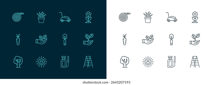 Set line Flower, Sun, Garden trowel spade or shovel, sprayer for water, Leaf in hand, Lawn mower, hose and Plant pot icon. Vector