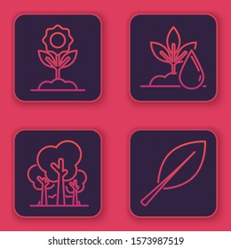 Set line Flower, Trees, Watering plant and Leaf. Blue square button. Vector