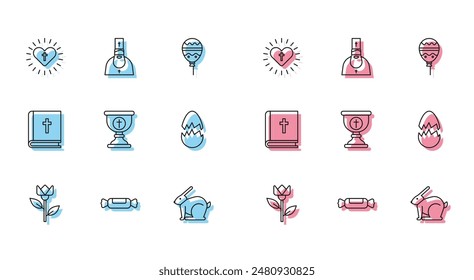 Set line Flower tulip, Candy, Christian cross heart, Easter rabbit, chalice, Broken egg, Holy bible book and Priest icon. Vector