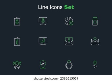 Set line Flower tulip, Diamond engagement ring, Woman shoe, Bedroom, Envelope with 8 March,  and Greeting card icon. Vector