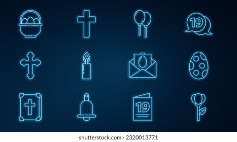 Set line Flower tulip, Easter egg, Balloons with ribbon, Burning candle, Christian cross, Basket easter eggs, Greeting card Happy and  icon. Vector