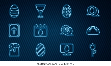 Set line Flower tulip, Easter cake, egg, Calendar with, Holy bible book, Speech bubble happy easter and Christian chalice icon. Vector