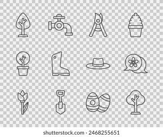 Set line Flower tulip, Forest, Gardening handmade scissors, Shovel, Rubber gloves, Easter egg and  icon. Vector