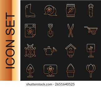 Set line Flower tulip, Forest, Wheelbarrow with dirt, Fertilizer bag, Shovel, Calendar flower, Rubber gloves and Gardening handmade scissors icon. Vector