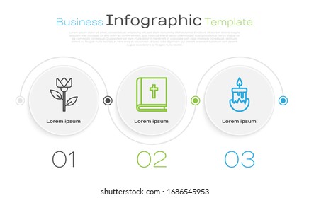 Set line Flower tulip, Holy bible book and Burning candle. Business infographic template. Vector