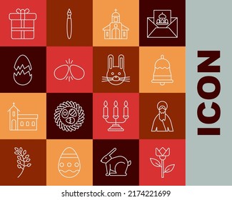 Set line Flower tulip, Jesus Christ, Ringing bell, Church building, Easter eggs, Broken, Gift box and rabbit icon. Vector