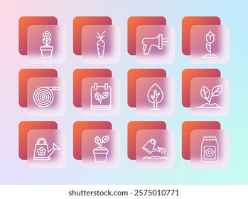 Set line Flower tulip, Plant in pot, Tree, Watering can, Calendar with autumn leaves, Garden hose,  and Carrot icon. Vector