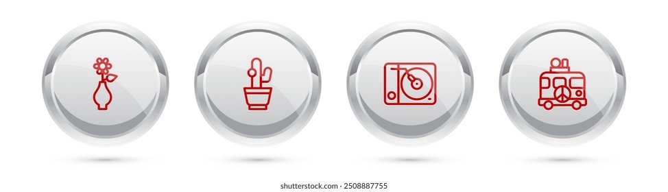 Set line Flower in vase, Cactus, Vinyl player and Hippie camper van. Silver circle button. Vector