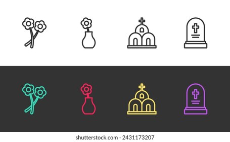 Set line Flower, in vase, Church building and Grave with tombstone on black and white. Vector