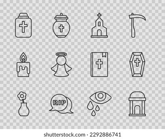 Set line Flower in vase, Old crypt, Church building, Speech bubble rip death, Funeral urn, Angel, Tear eye and Coffin with cross icon. Vector