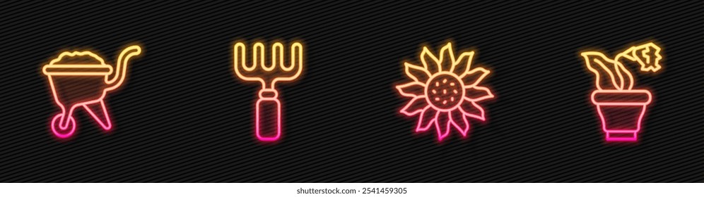 Set line Flower, Wheelbarrow with dirt, Garden rake and in pot. Glowing neon icon. Vector