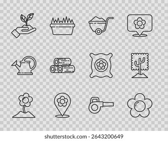 Set line Flower, Wheelbarrow with dirt, Location flower, Plant in hand of environmental, Wooden logs, Leaf garden blower and Tree icon. Vector