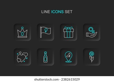 Set line Flower, Woman shoe, Champagne bottle, Heart, Female gender symbol, Gift box and heart, Feminist activist and King crown icon. Vector