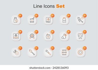 Set line Flower, Wooden barrel with honey, Beekeeping knife, Honey dipper stick, Sale of bees, Beekeeper costume, and honeycomb and Jar icon. Vector