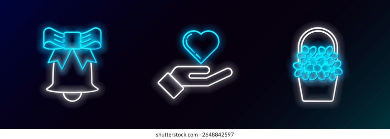 Set line Flowers in a basket, Ringing bell and Heart on hand icon. Glowing neon. Vector