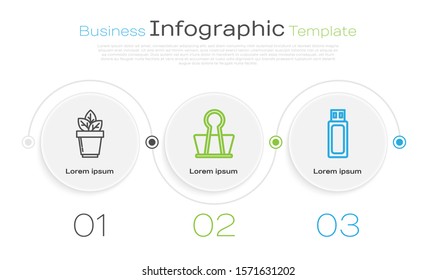 Set line Flowers in pot, Binder clip and USB flash drive. Business infographic template. Vector