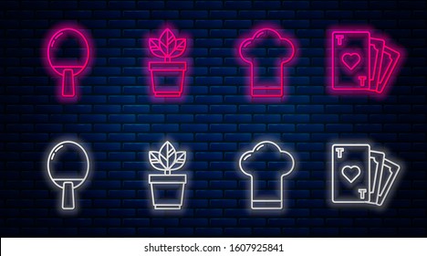 Set line Flowers in pot, Chef hat, Racket for playing table tennis and Playing card with heart symbol. Glowing neon icon on brick wall. Vector